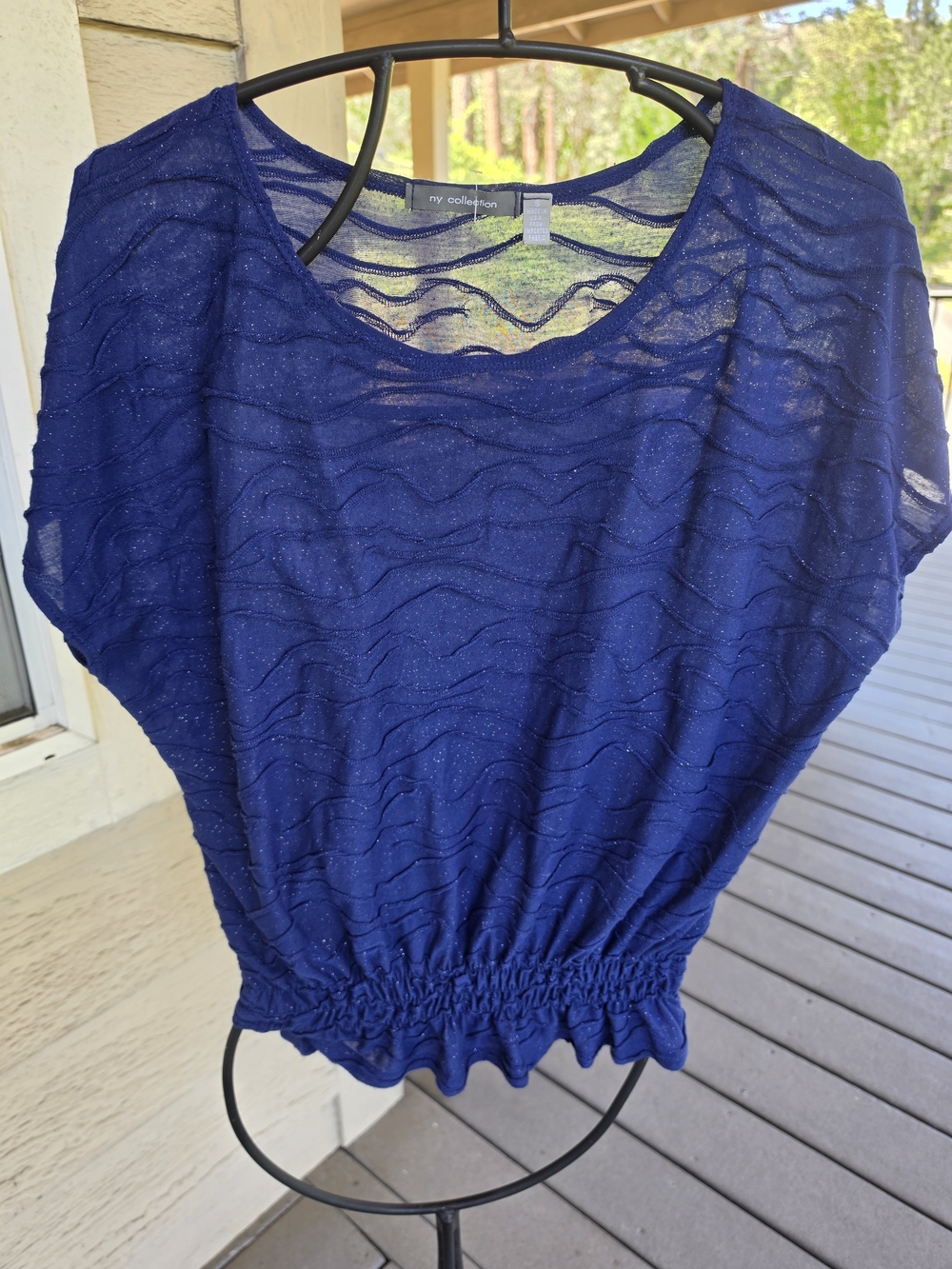 NY Collection Navy Sparkle Ruched Waist Sheer Top